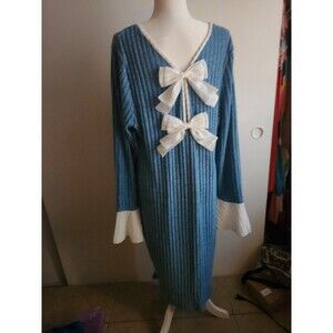 Blue Chenille Look Sweater Knit Bow Accented Bell Sleeves Maxi Dress 20 4X NWOT